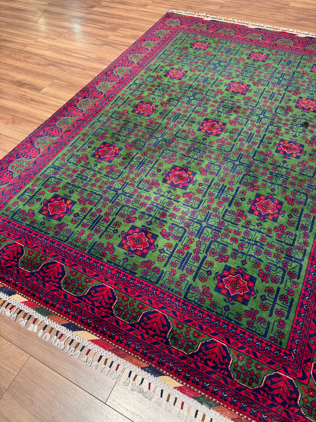 Afgan Halısı Yeşil Hamyap Orijinal El Dokuması Kök Boya Yün 168x231 3.88 Metrekare - 5x7 ft