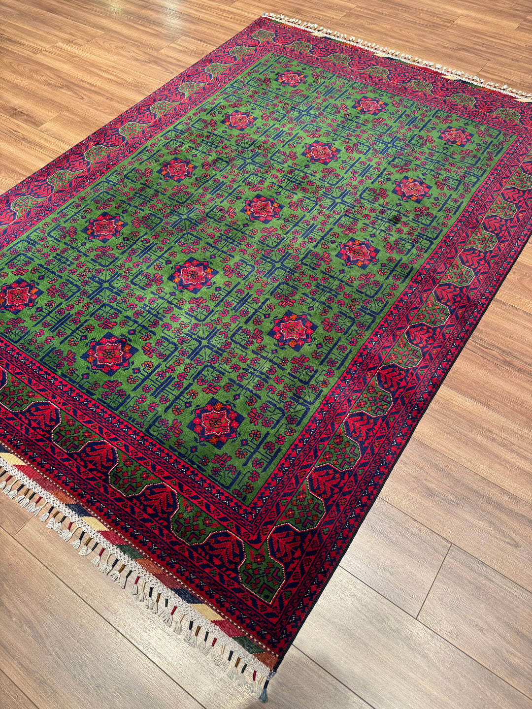 Afgan Halısı Yeşil Hamyap Orijinal El Dokuması Kök Boya Yün 168x231 3.88 Metrekare - 5x7 ft