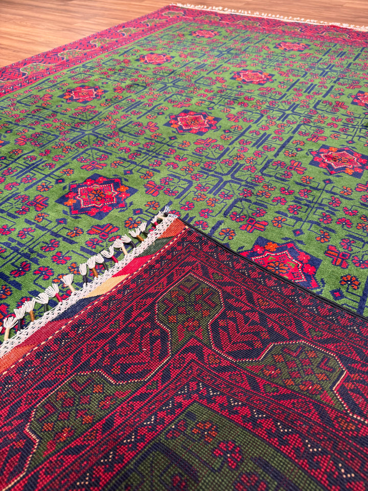 Afgan Halısı Yeşil Hamyap Orijinal El Dokuması Kök Boya Yün 168x231 3.88 Metrekare - 5x7 ft