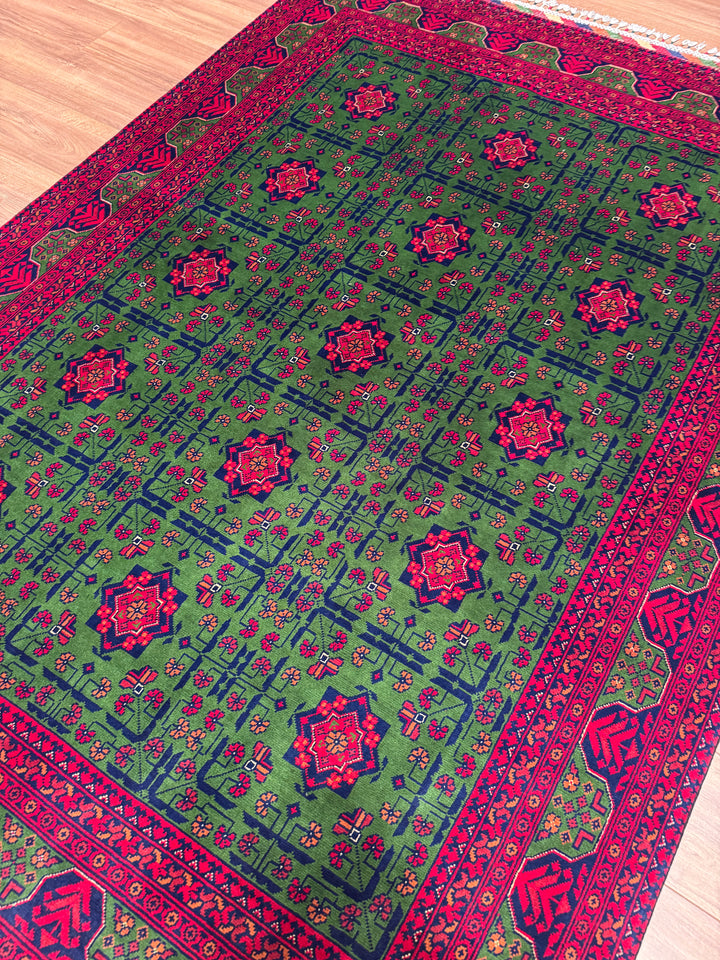 Afgan Halısı Yeşil Hamyap Orijinal El Dokuması Kök Boya Yün 167x235 3.92 Metrekare - 5x7 ft