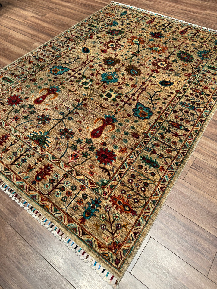 Sultani Floral Original Hand-Woven Beige Vegetable Dyed Wool Carpet 174x242 4.21 Square Meters - 5x8