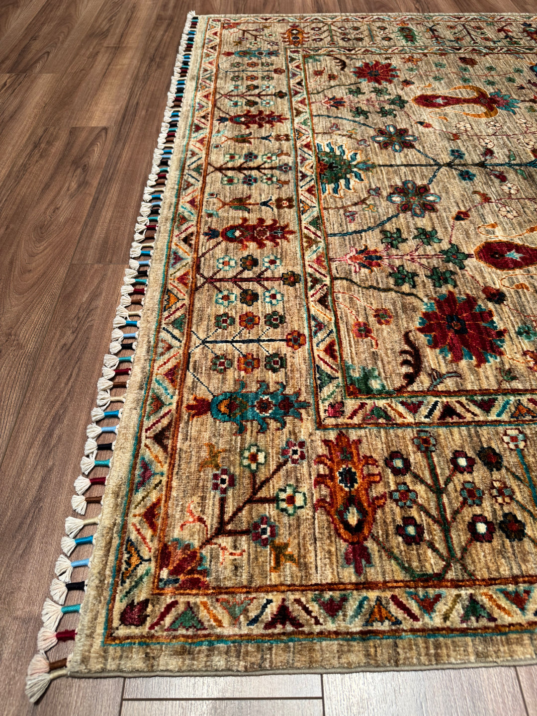 Sultani Floral Original Hand-Woven Beige Vegetable Dyed Wool Carpet 174x242 4.21 Square Meters - 5x8
