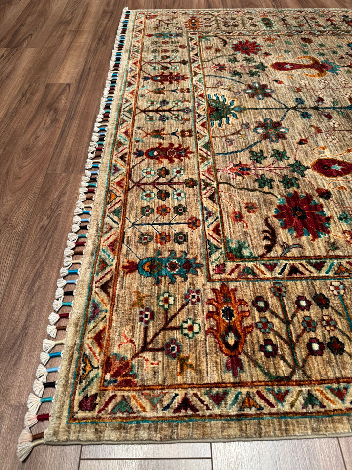 Sultani Floral Original Hand-Woven Beige Vegetable Dyed Wool Carpet 174x242 4.21 Square Meters - 5x8