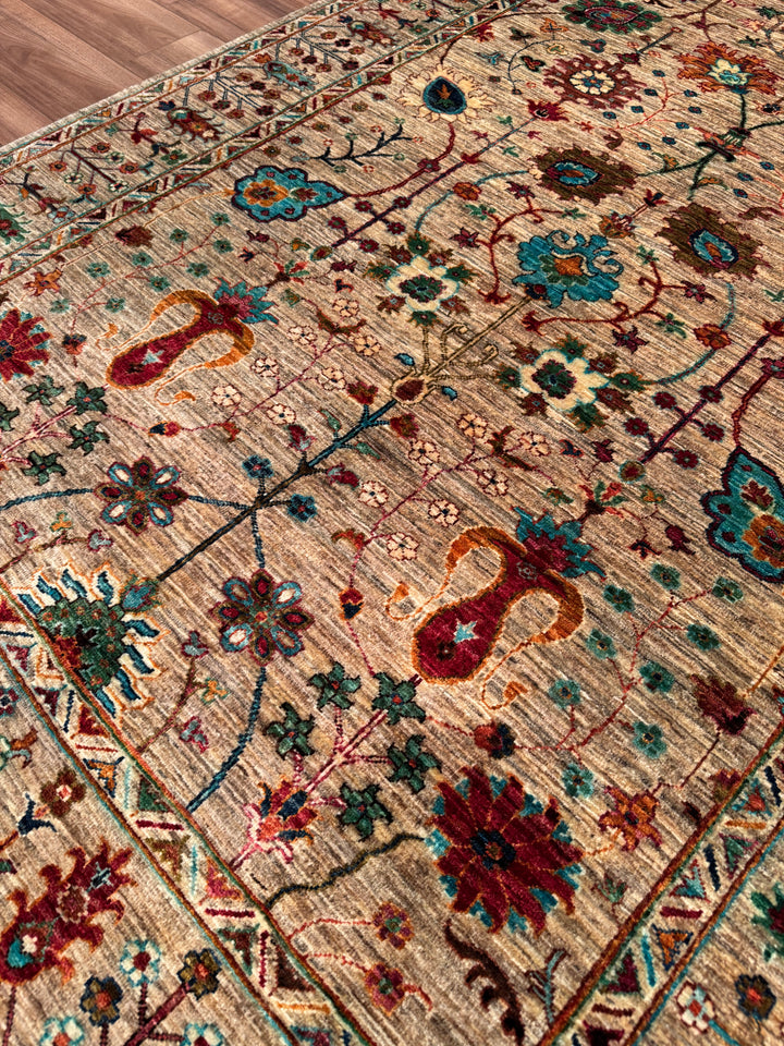 Sultani Floral Original Hand-Woven Beige Vegetable Dyed Wool Carpet 174x242 4.21 Square Meters - 5x8