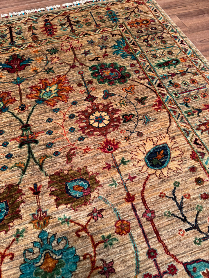 Sultani Floral Original Hand-Woven Beige Vegetable Dyed Wool Carpet 174x242 4.21 Square Meters - 5x8