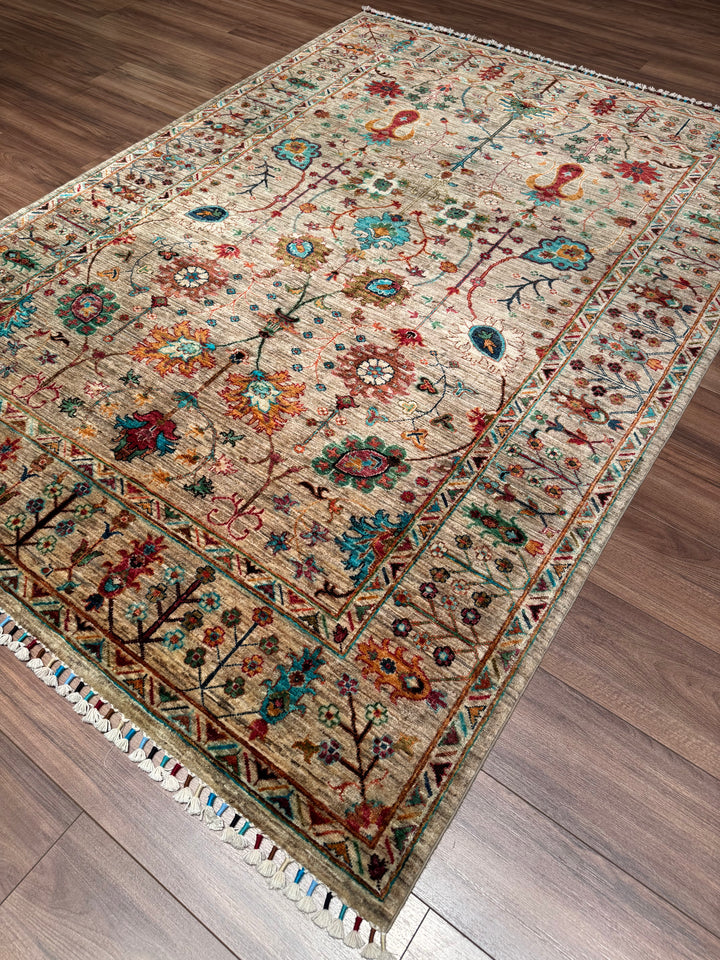 Sultani Floral Original Hand-Woven Beige Vegetable Dyed Wool Carpet 174x242 4.21 Square Meters - 5x8