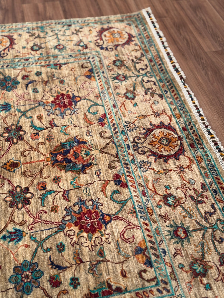 Sultani Binbirgece Orijinal El Dokuması Bej Kök Boya Yün Halı 179x240 4.30 Metrekare - 5x8 ft