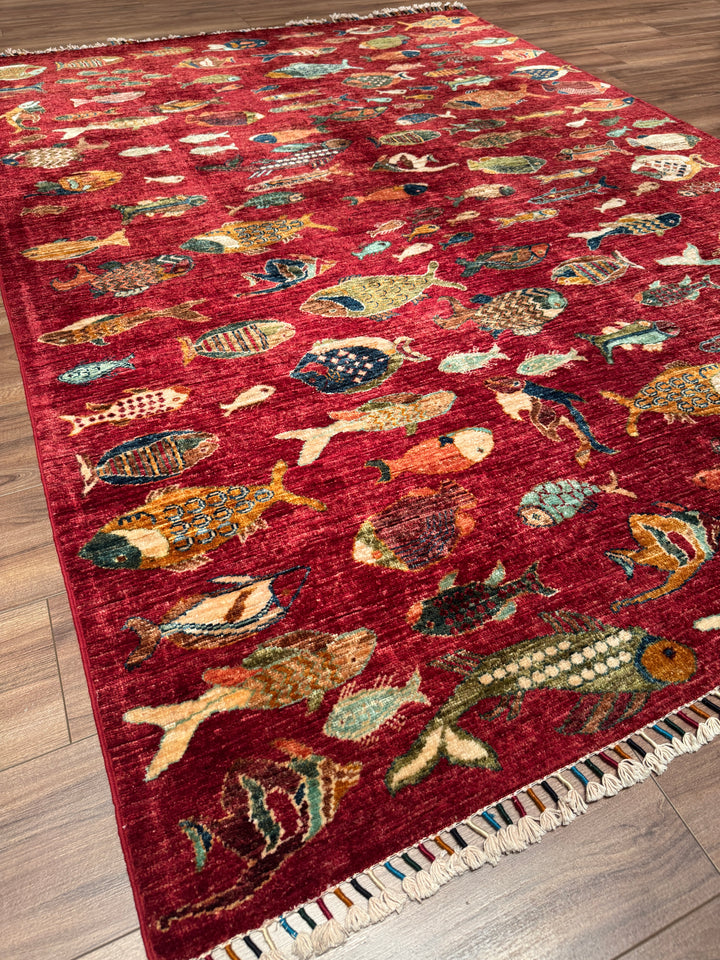 Balık Orijinal El Dokuması Kırmızı Kök Boya Yün Halı 178x246 4.38 Metrekare - 6x8 ft