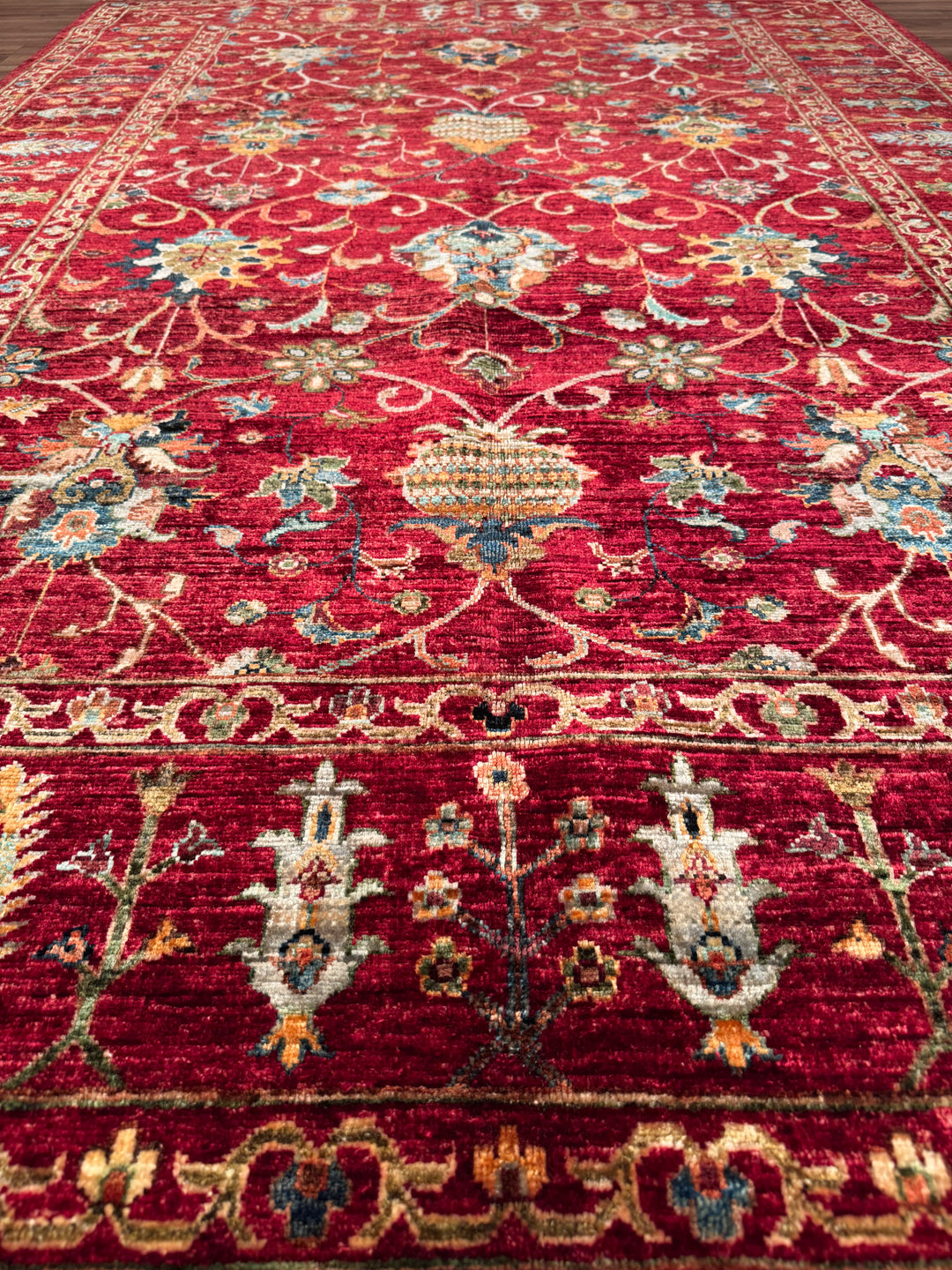 سجادة سلطاني بينبيرجيسي الأصلية المصنوعة يدويًا من الصوف الأحمر المصبوغ بالجذور، 175 × 250، 4.38 متر مربع - 5 × 8 قدم 