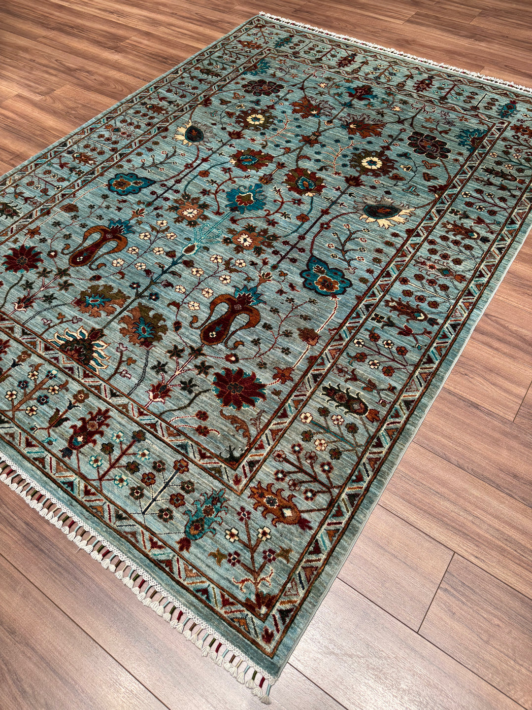 Sultani Floral Original Hand-Woven Turquoise Vegetable Dyed Wool Carpet 174x238 4.14 Square Meters - 5x8 ft