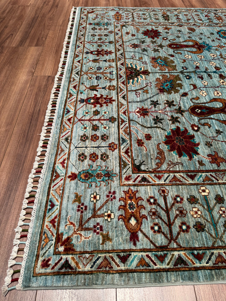 Sultani Floral Original Hand-Woven Turquoise Vegetable Dyed Wool Carpet 174x238 4.14 Square Meters - 5x8 ft