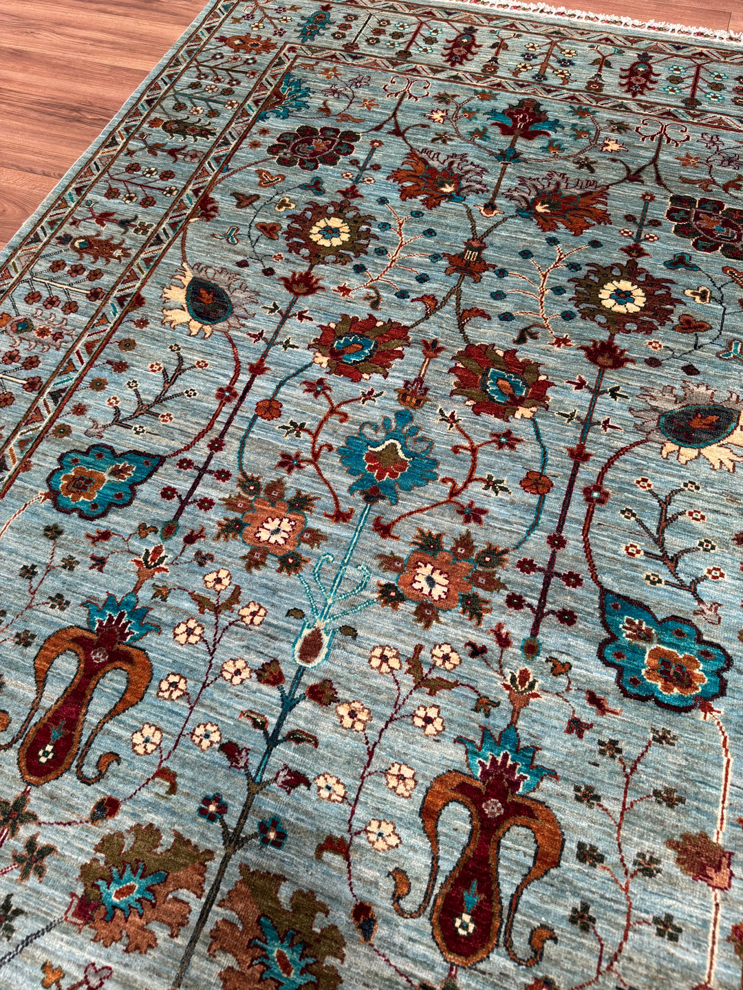Sultani Floral Original Hand-Woven Turquoise Vegetable Dyed Wool Carpet 174x238 4.14 Square Meters - 5x8 ft