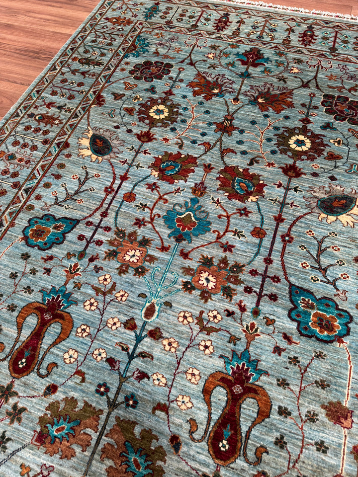 Sultani Floral Original Hand-Woven Turquoise Vegetable Dyed Wool Carpet 174x238 4.14 Square Meters - 5x8 ft