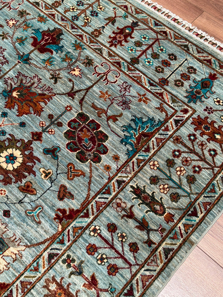 Sultani Floral Original Hand-Woven Turquoise Vegetable Dyed Wool Carpet 174x238 4.14 Square Meters - 5x8 ft