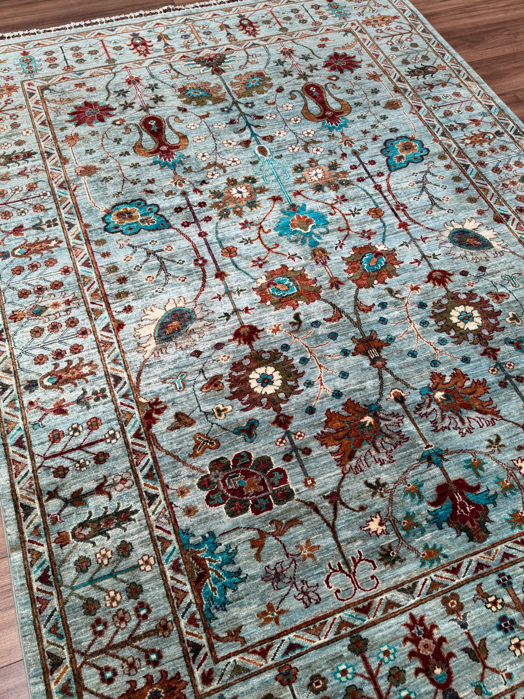 Sultani Floral Original Hand-Woven Turquoise Vegetable Dyed Wool Carpet 174x238 4.14 Square Meters - 5x8 ft