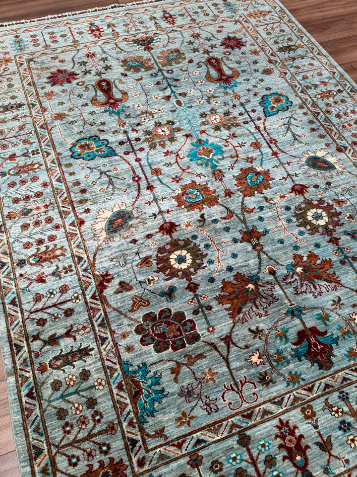 Sultani Floral Original Hand-Woven Turquoise Vegetable Dyed Wool Carpet 174x238 4.14 Square Meters - 5x8 ft