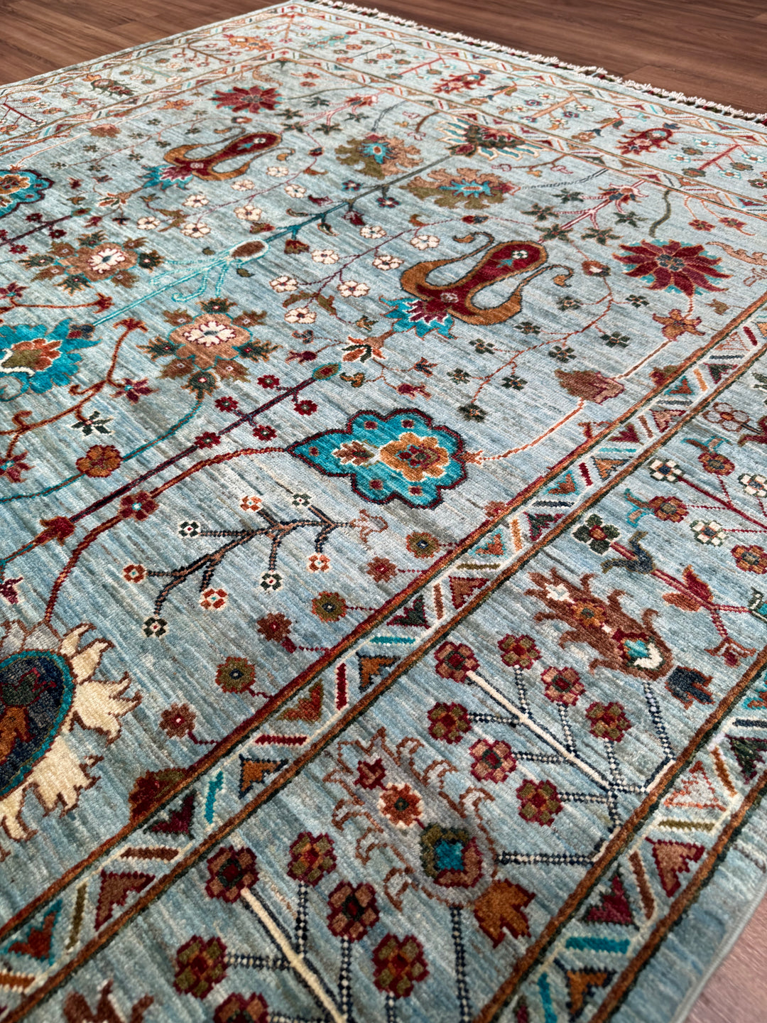 Sultani Floral Original Hand-Woven Turquoise Vegetable Dyed Wool Carpet 174x238 4.14 Square Meters - 5x8 ft