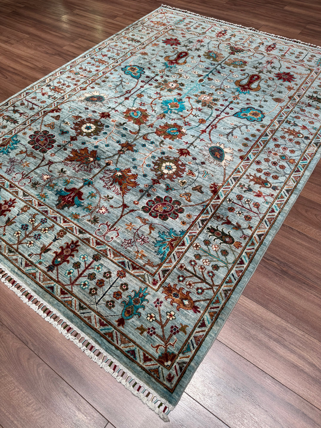Sultani Floral Original Hand-Woven Turquoise Vegetable Dyed Wool Carpet 174x238 4.14 Square Meters - 5x8 ft