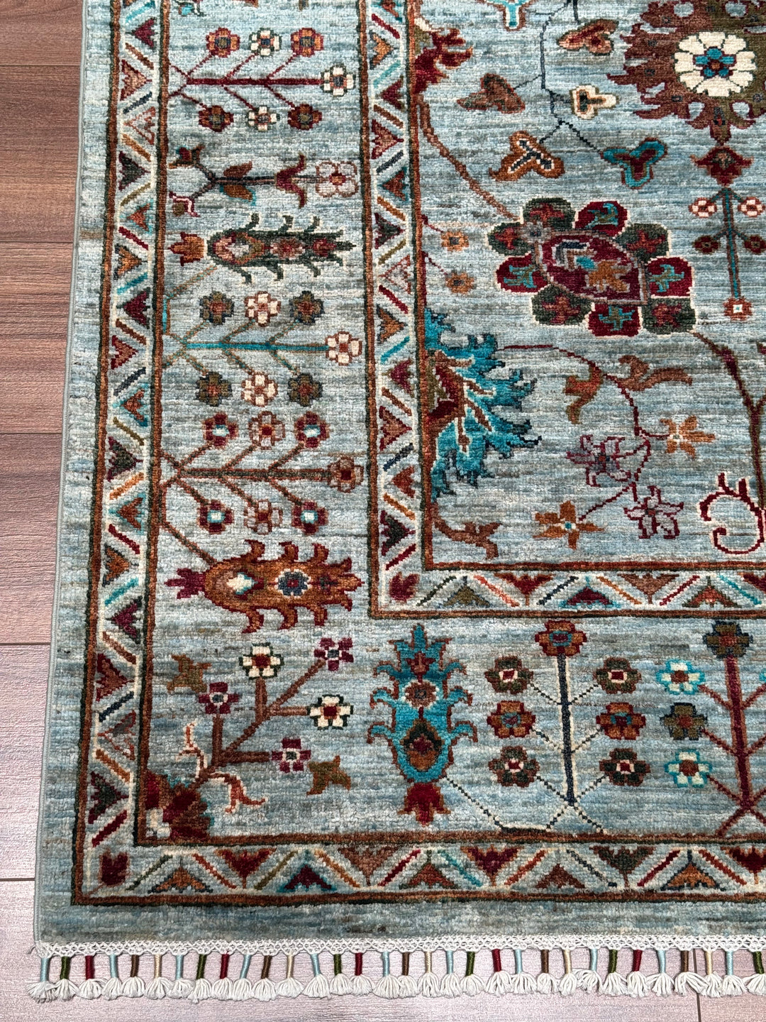 Sultani Floral Original Hand-Woven Turquoise Vegetable Dyed Wool Carpet 174x238 4.14 Square Meters - 5x8 ft