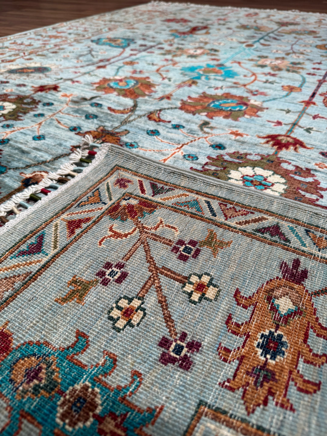 Sultani Floral Original Hand-Woven Turquoise Vegetable Dyed Wool Carpet 174x238 4.14 Square Meters - 5x8 ft