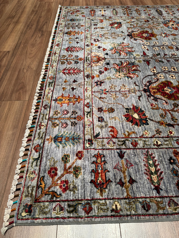 Sultani Çiçekli Orijinal El Dokuması Gri Kök Boya Yün Halı 175x236 4.13 Metrekare - 5x8 ft