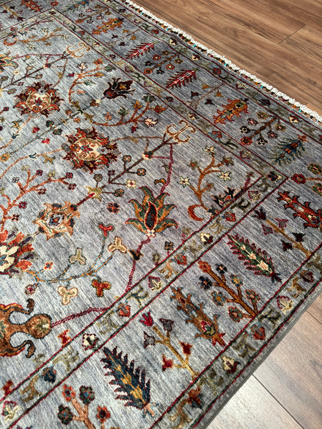 Sultani Çiçekli Orijinal El Dokuması Gri Kök Boya Yün Halı 175x236 4.13 Metrekare - 5x8 ft