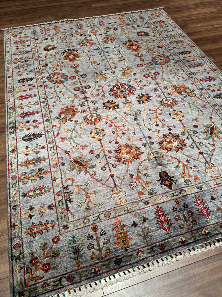 Sultani Çiçekli Orijinal El Dokuması Gri Kök Boya Yün Halı 175x236 4.13 Metrekare - 5x8 ft