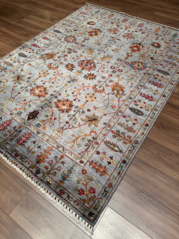 Sultani Çiçekli Orijinal El Dokuması Gri Kök Boya Yün Halı 175x236 4.13 Metrekare - 5x8 ft