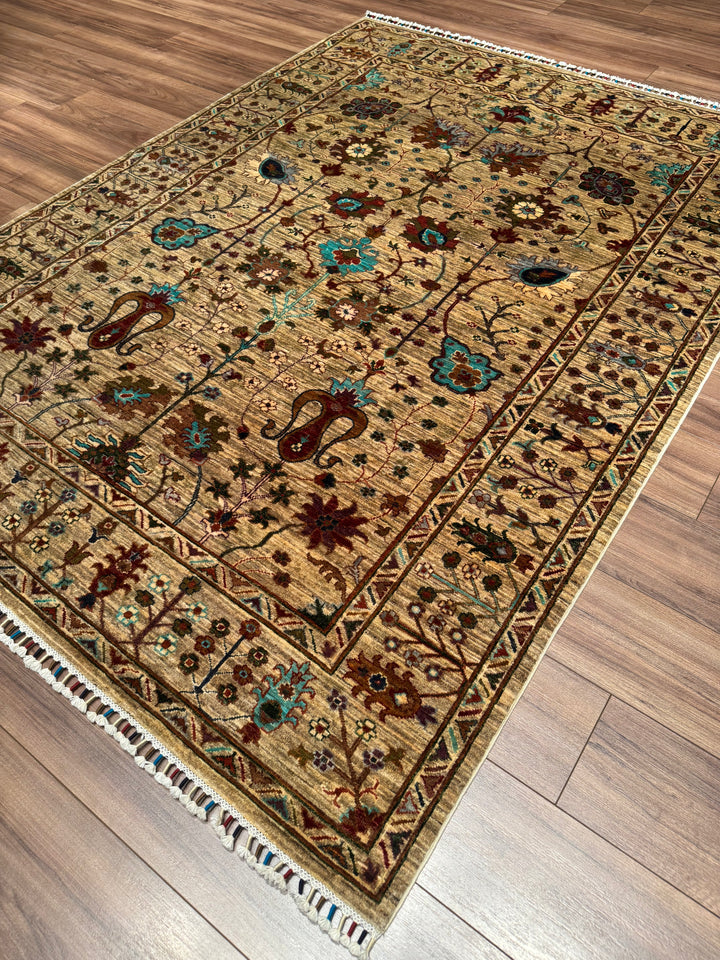 Sultani Çiçekli Orijinal El Dokuması Bej Kök Boya Yün Halı 173x234 4.05 Metrekare - 5x8