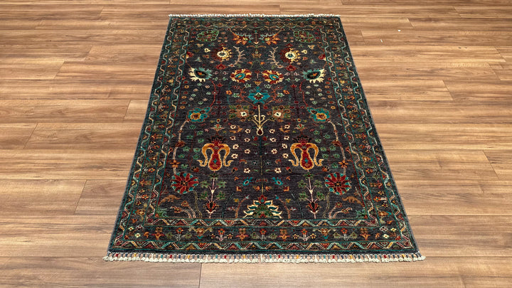 Sultani Floral Original Hand Woven Gray Vegetable Dyed Wool Carpet 127x190 2.41 Square Meters - 4x6 ft