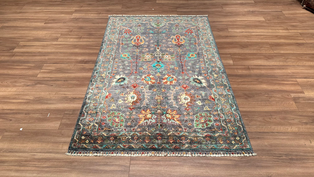 Sultani Çiçekli Orjinal El Dokuması Gri Kök Boya Yün Halı 127x190 2.41 Metrekare - 4x6 ft