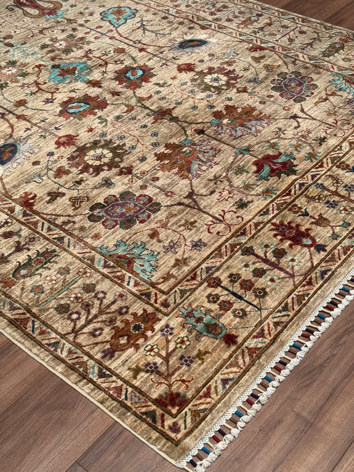 Sultani Çiçekli Orijinal El Dokuması Bej Kök Boya Yün Halı 173x234 4.05 Metrekare - 5x8
