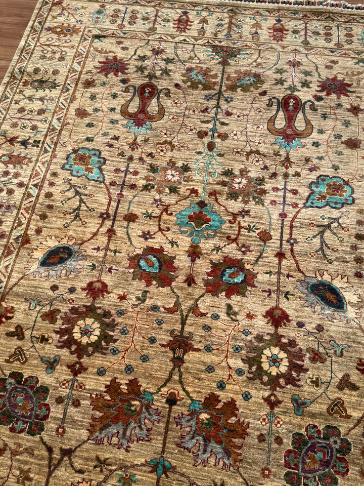 Sultani Çiçekli Orijinal El Dokuması Bej Kök Boya Yün Halı 173x234 4.05 Metrekare - 5x8