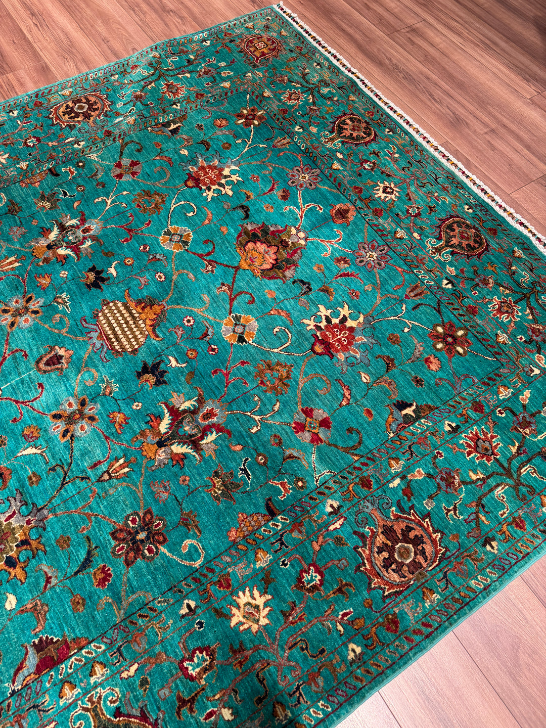 Sultani Binbirgece Orijinal El Dokuması Turkuaz Kök Boya Yün Halı 206x299 6.16 Metrekare - 7x10 ft