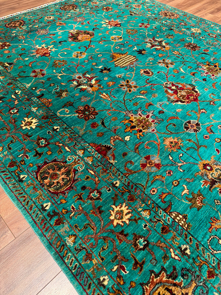 Sultani Binbirgece Orijinal El Dokuması Turkuaz Kök Boya Yün Halı 206x299 6.16 Metrekare - 7x10 ft