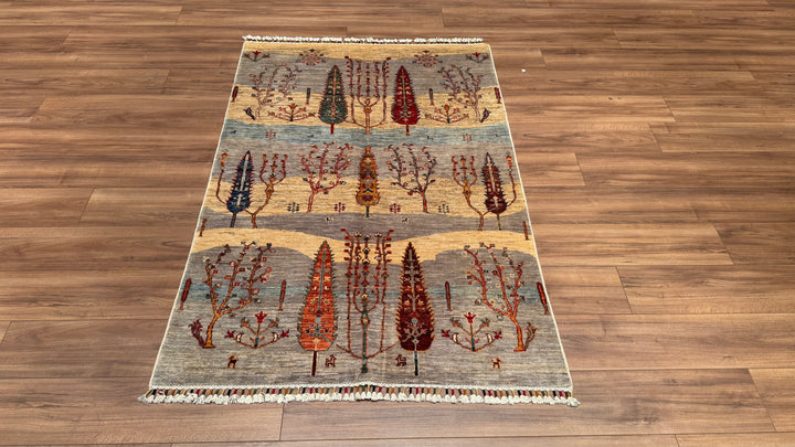 Sultani Tree Pattern Original Hand Woven Gray Vegetable Dyed Wool Carpet 121x179 2.17 Square Meters - 4x6 ft