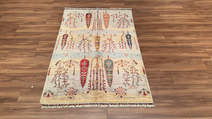 Sultani Tree Pattern Original Hand Woven Gray Vegetable Dyed Wool Carpet 121x179 2.17 Square Meters - 4x6 ft