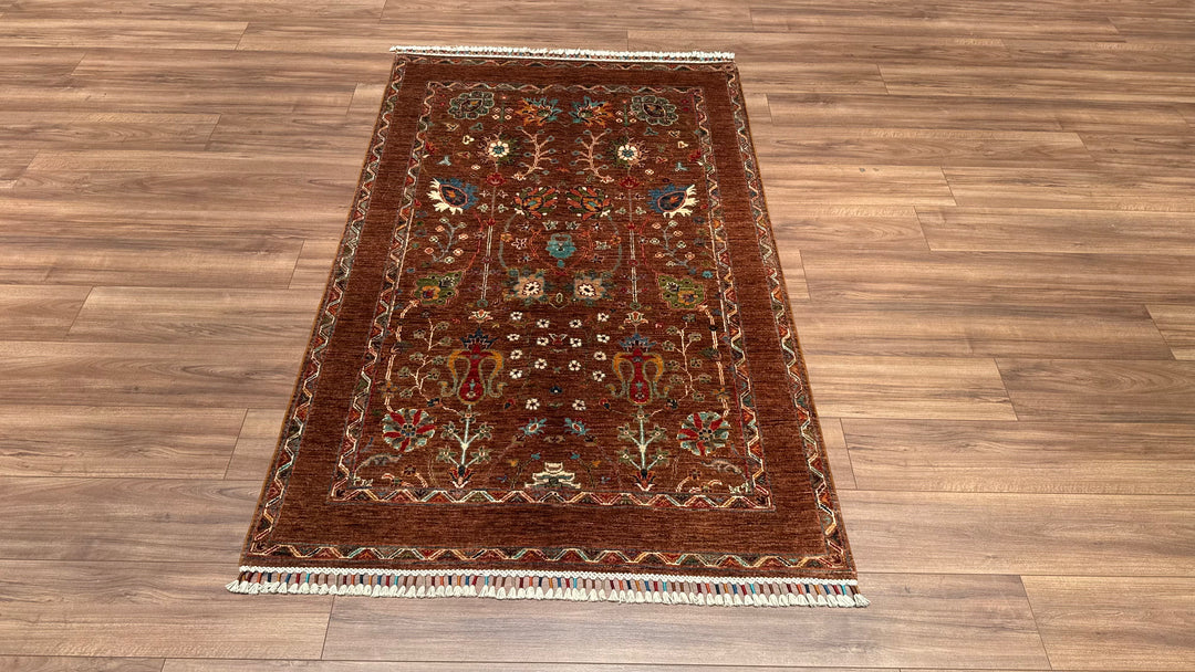 Sultani Çiçekli Orjinal El Dokuması Kahverengi Kök Boya Yün Halı 121x192 2.32 Metrekare - 4x6 ft