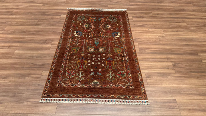 Sultani Çiçekli Orjinal El Dokuması Kahverengi Kök Boya Yün Halı 121x192 2.32 Metrekare - 4x6 ft