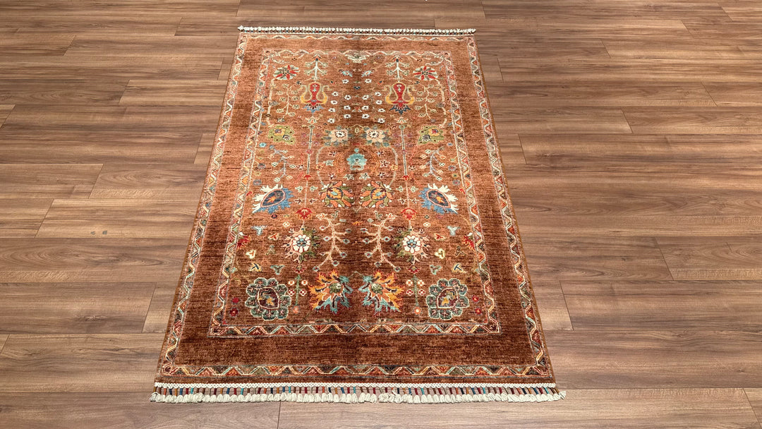 Sultani Çiçekli Orjinal El Dokuması Kahverengi Kök Boya Yün Halı 121x192 2.32 Metrekare - 4x6 ft