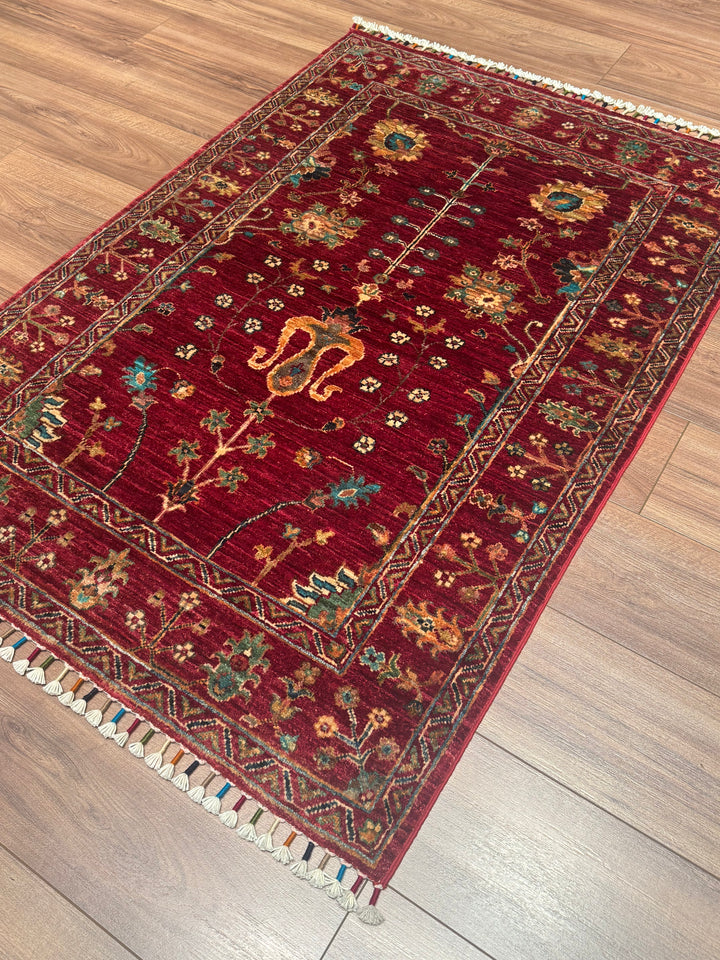 Sultani Çiçekli Orijinal El Dokuması Kırmızı Kök Boya Yün Halı 100x146 1.46 Metrekare - 3x5 ft
