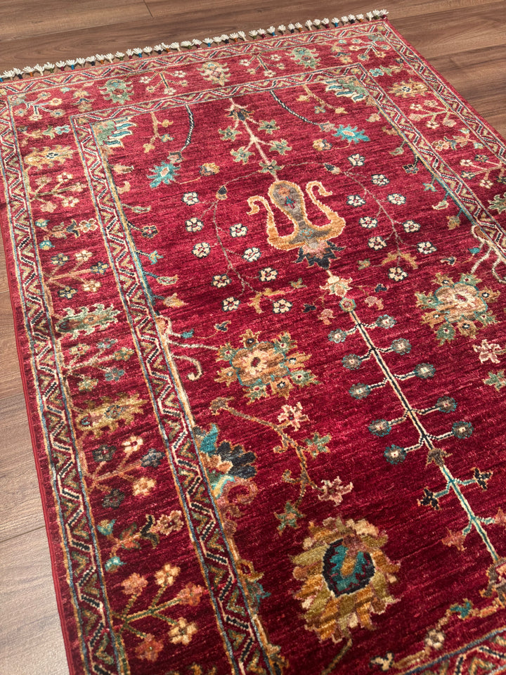 Sultani Çiçekli Orijinal El Dokuması Kırmızı Kök Boya Yün Halı 100x146 1.46 Metrekare - 3x5 ft