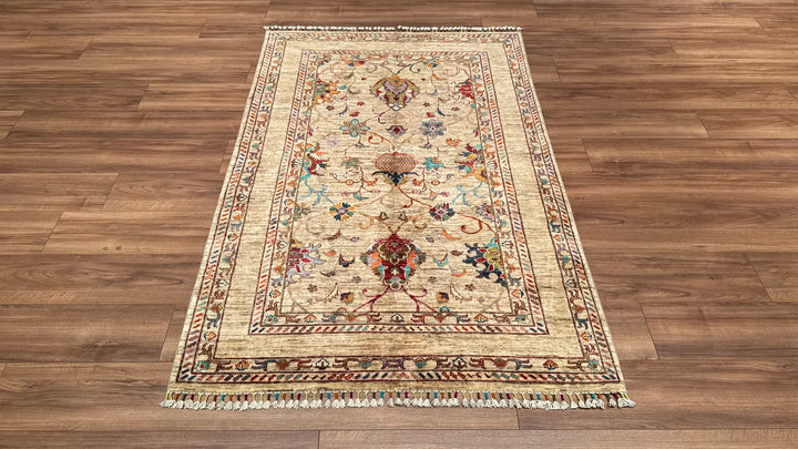 Sultani Binbirgece Orjinal El Dokuması Bej Kök Boya Yün Halı 123x188 2.31 Metrekare - 4x6 ft