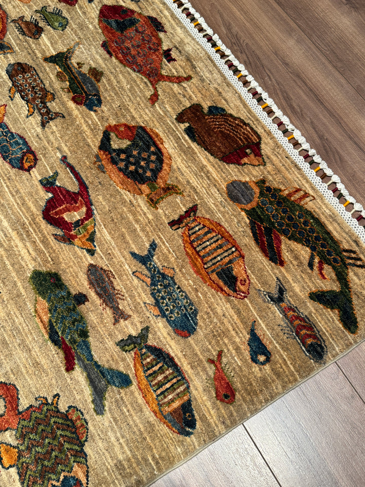 Balık Orijinal El Dokuması Bej Kök Boya Yün Halı 210x305 6.41 Metrekare - 7x10 ft