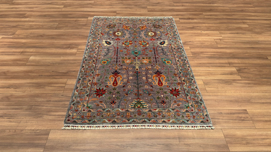 Sultani Floral Original Hand Woven Gray Vegetable Dyed Wool Carpet 122x186 2.27 Square Meters - 4x6 ft