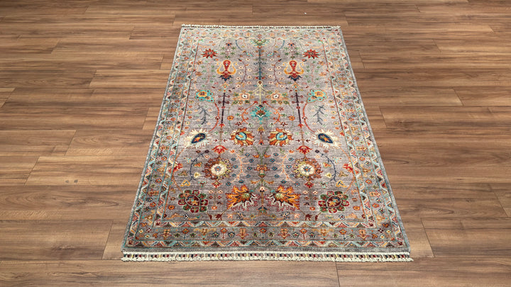 Sultani Floral Original Hand Woven Gray Vegetable Dyed Wool Carpet 122x186 2.27 Square Meters - 4x6 ft