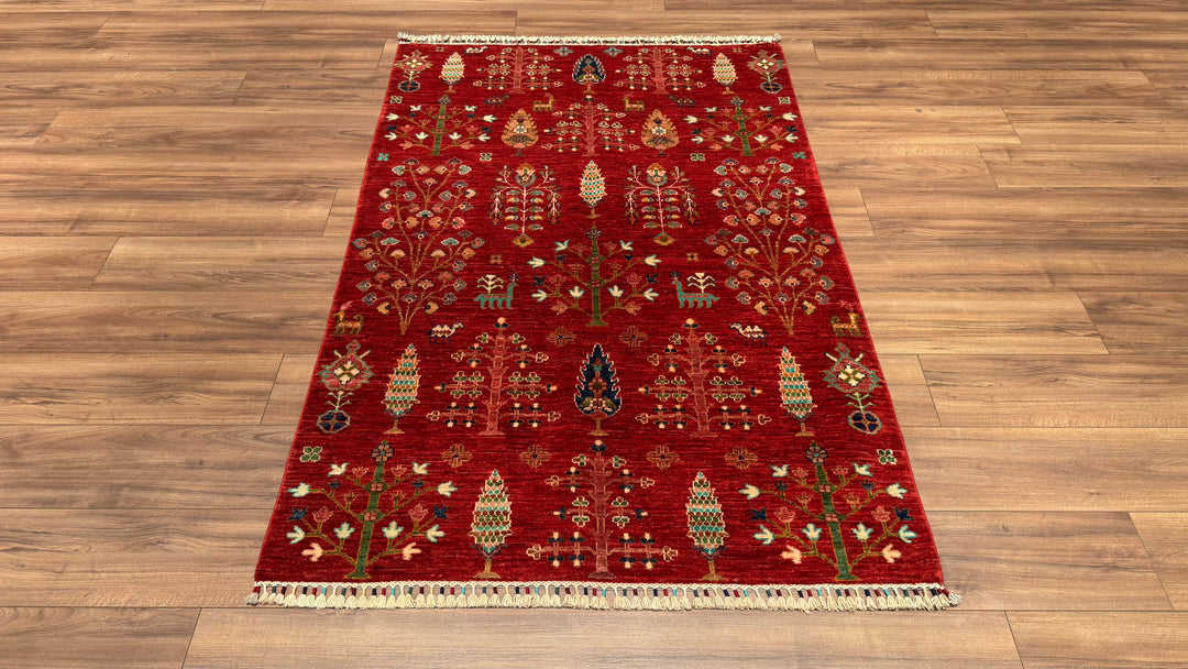 Sultani Tree Pattern Original Hand Woven Red Vegetable Dyed Wool Carpet 122x184 2.24 Square Meters - 4x6 ft