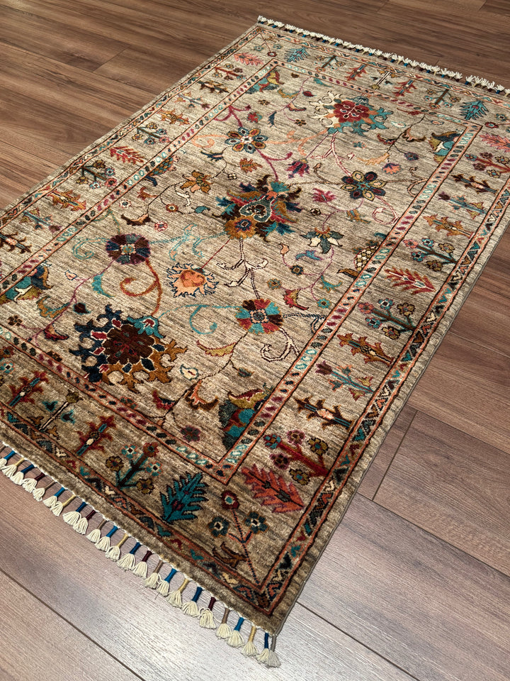 Sultani Binbirgece Orijinal El Dokuması Bej Kök Boya Yün Halı 100x148 1.48 Metrekare - 3x5 ft