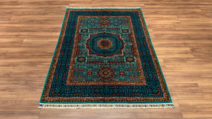 Mamluk Original Hand Woven Turquoise Vegetable Dyed Wool Carpet 132x177 2.34 Square Meters - 4x6 ft