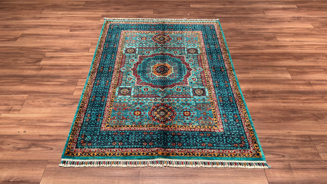 Mamluk Original Hand Woven Turquoise Vegetable Dyed Wool Carpet 132x177 2.34 Square Meters - 4x6 ft